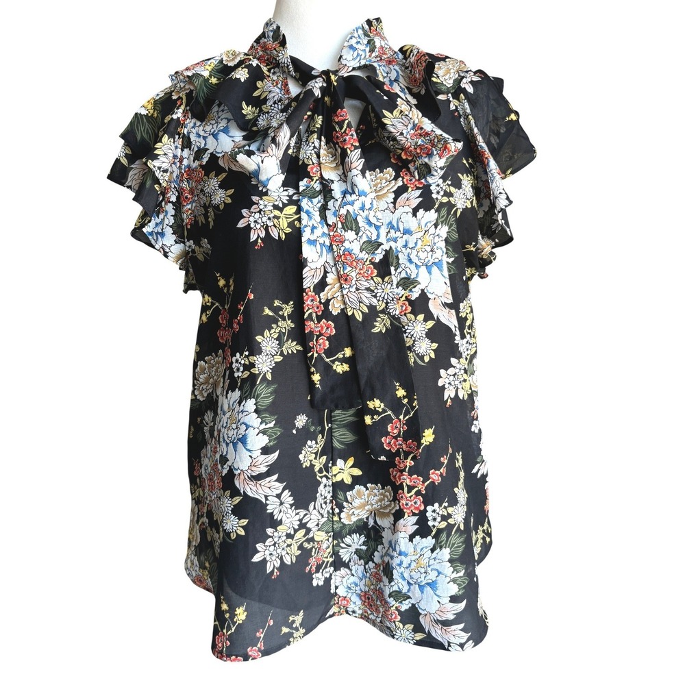Robert Rodriguez Barneys NY Blouse Small Black Floral Silk Blend Bow